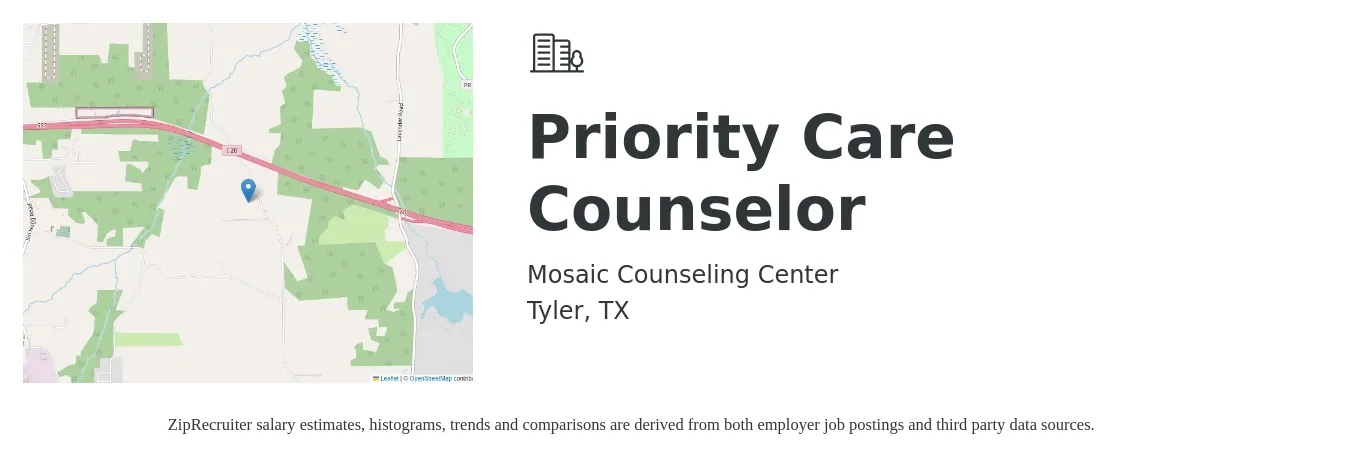 Mosaic Counseling Center job posting for a Priority Care Counselor in Tyler, TX with a salary of $44,300 to $68,300 Yearly with a map of Tyler location.