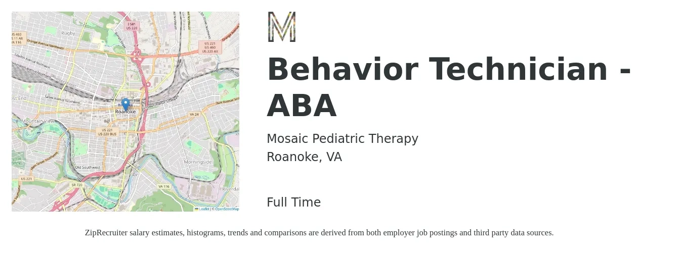 Mosaic Pediatric Therapy job posting for a Behavior Technician - ABA in Roanoke, VA with a salary of $17 to $23 Hourly with a map of Roanoke location.