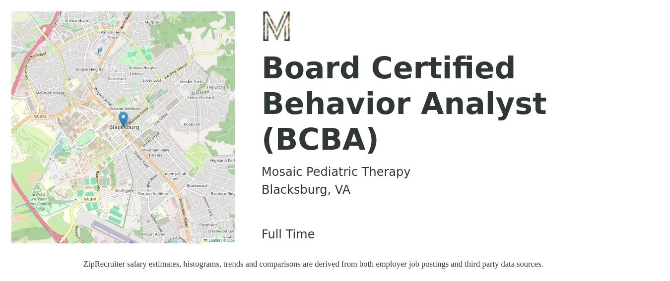 Mosaic Pediatric Therapy job posting for a Board Certified Behavior Analyst (BCBA) in Blacksburg, VA with a salary of $69,000 to $77,000 Yearly with a map of Blacksburg location.