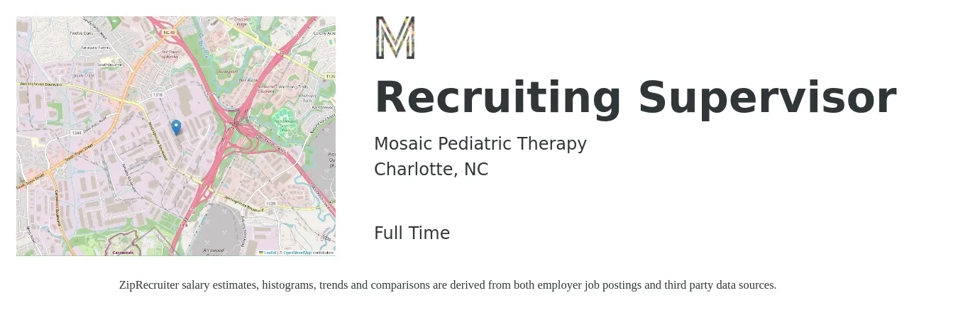 Mosaic Pediatric Therapy job posting for a Recruiting Supervisor in Charlotte, NC with a salary of $49,800 to $77,200 Yearly with a map of Charlotte location.