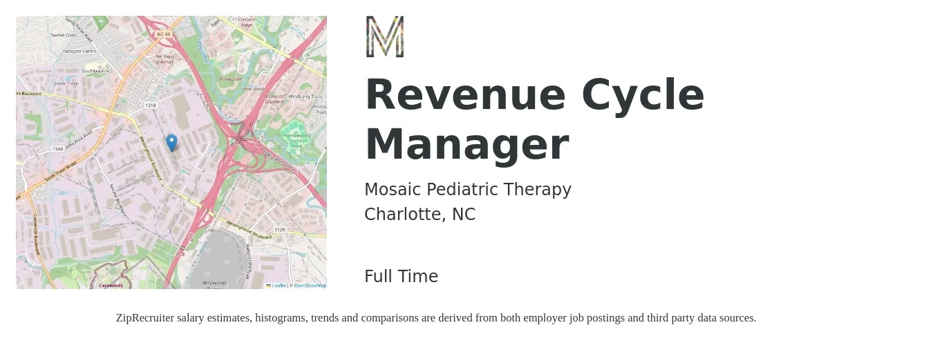 Mosaic Pediatric Therapy job posting for a Revenue Cycle Manager in Charlotte, NC with a salary of $61,900 to $91,000 Yearly with a map of Charlotte location.