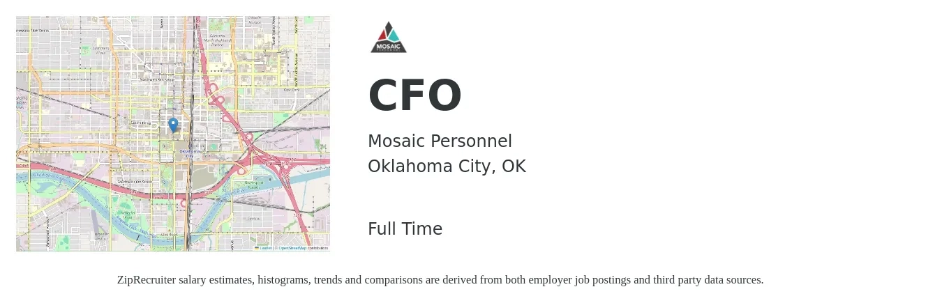 Mosaic Personnel job posting for a CFO in Oklahoma City, OK with a salary of $131,000 to $371,600 Yearly with a map of Oklahoma City location.