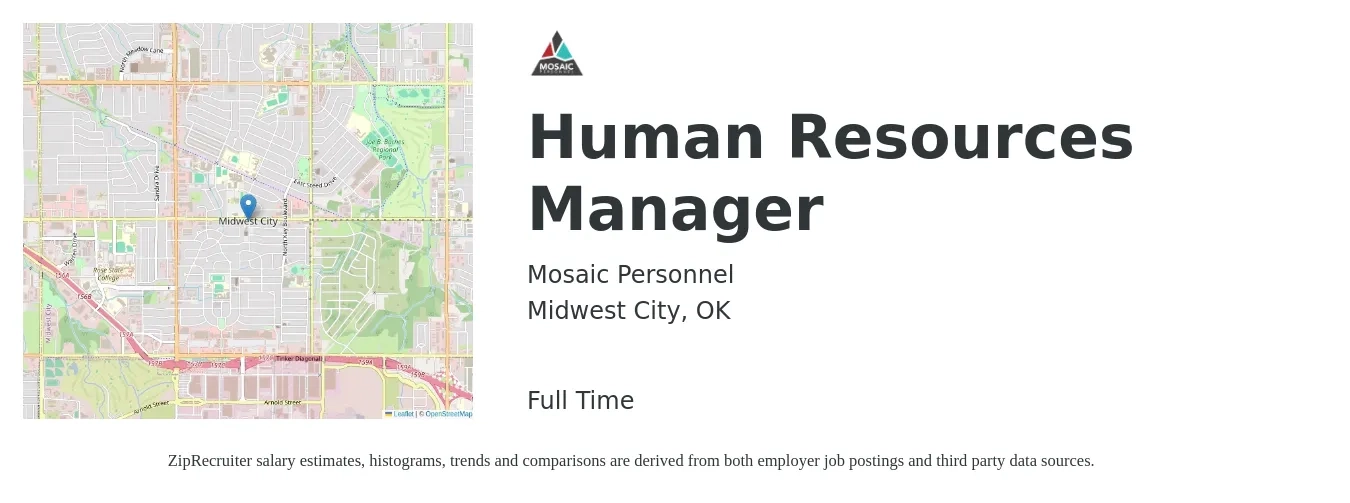 Mosaic Personnel job posting for a Human Resources Manager in Midwest City, OK with a salary of $66,500 to $96,400 Yearly with a map of Midwest City location.