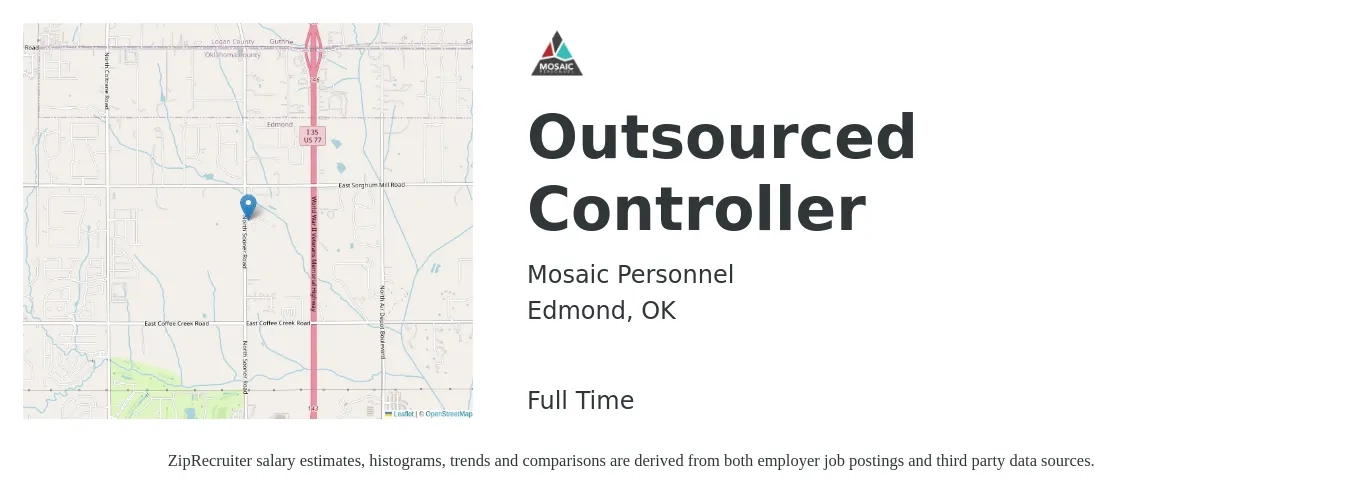 Mosaic Personnel job posting for a Outsourced Controller in Edmond, OK with a salary of $87,600 to $125,100 Yearly with a map of Edmond location.