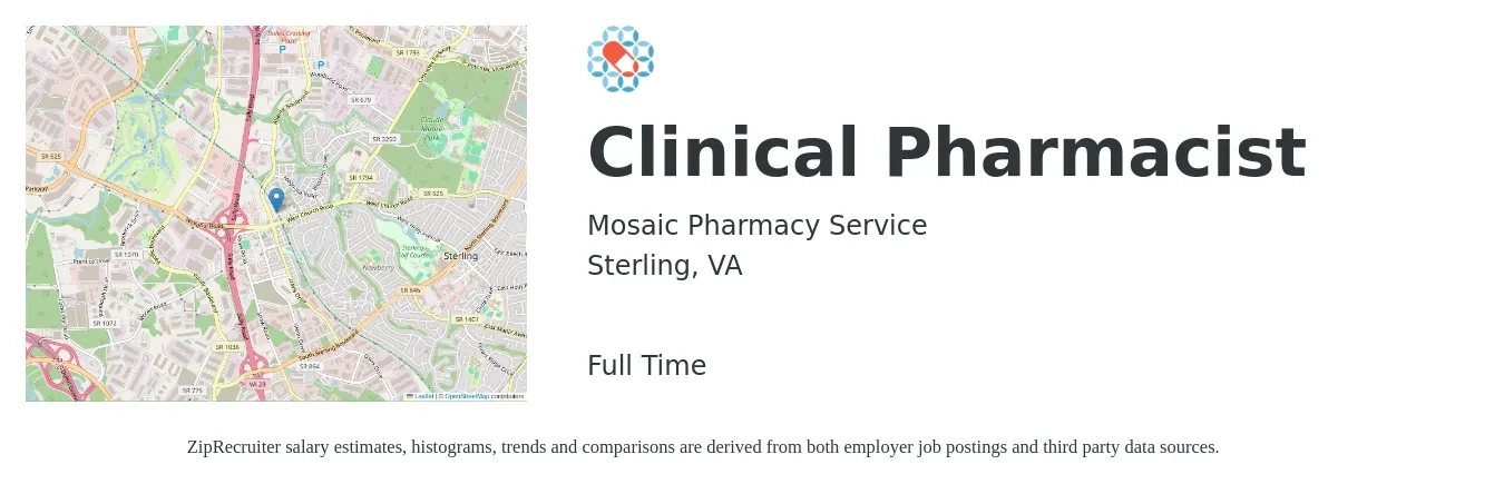Mosaic Pharmacy Service job posting for a Clinical Pharmacist in Sterling, VA with a salary of $119,600 to $142,900 Yearly with a map of Sterling location.