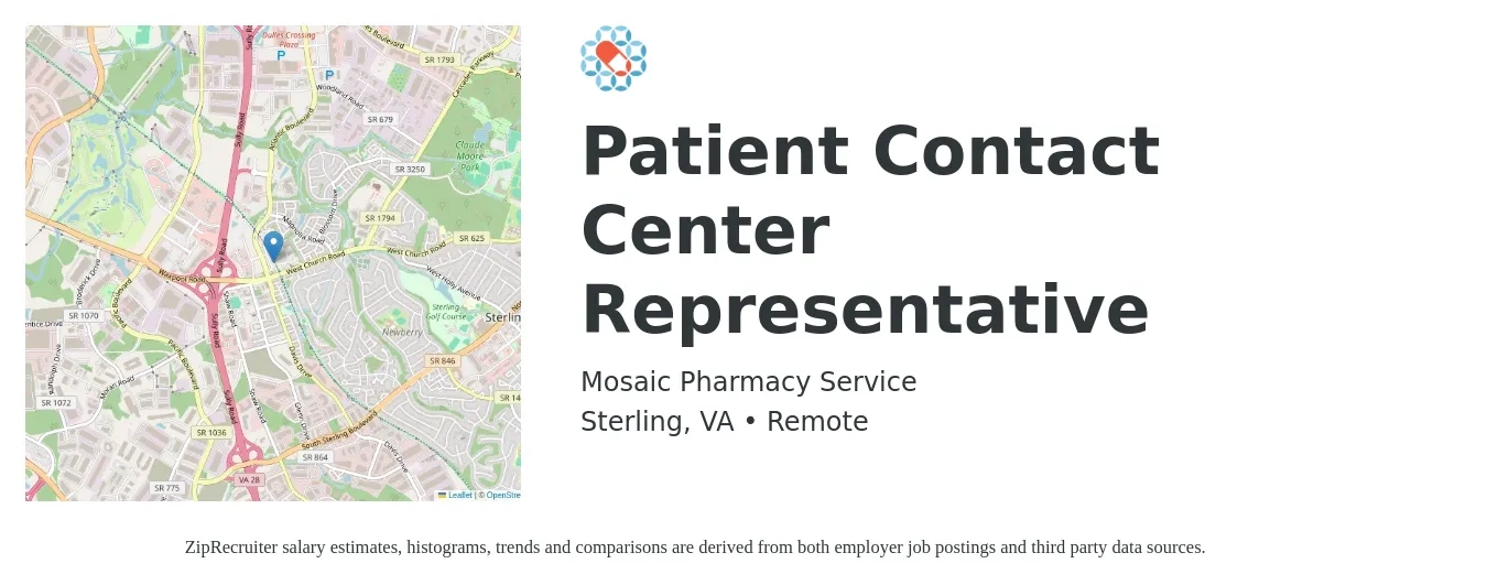 Mosaic Pharmacy Service job posting for a Patient Contact Center Representative in Sterling, VA with a salary of $17 to $22 Hourly with a map of Sterling location.