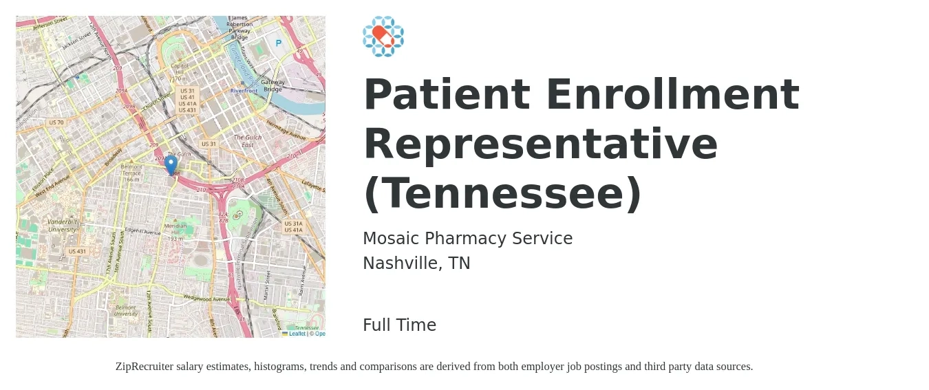 Mosaic Pharmacy Service job posting for a Patient Enrollment Representative (Tennessee) in Nashville, TN with a salary of $18 to $20 Hourly with a map of Nashville location.