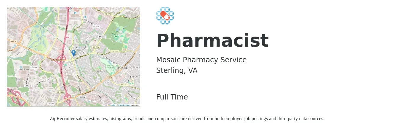 Mosaic Pharmacy Service job posting for a Pharmacist in Sterling, VA with a salary of $59 to $71 Hourly with a map of Sterling location.