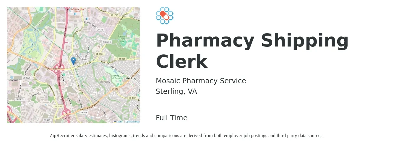 Mosaic Pharmacy Service job posting for a Pharmacy Shipping Clerk in Sterling, VA with a salary of $18 Hourly with a map of Sterling location.