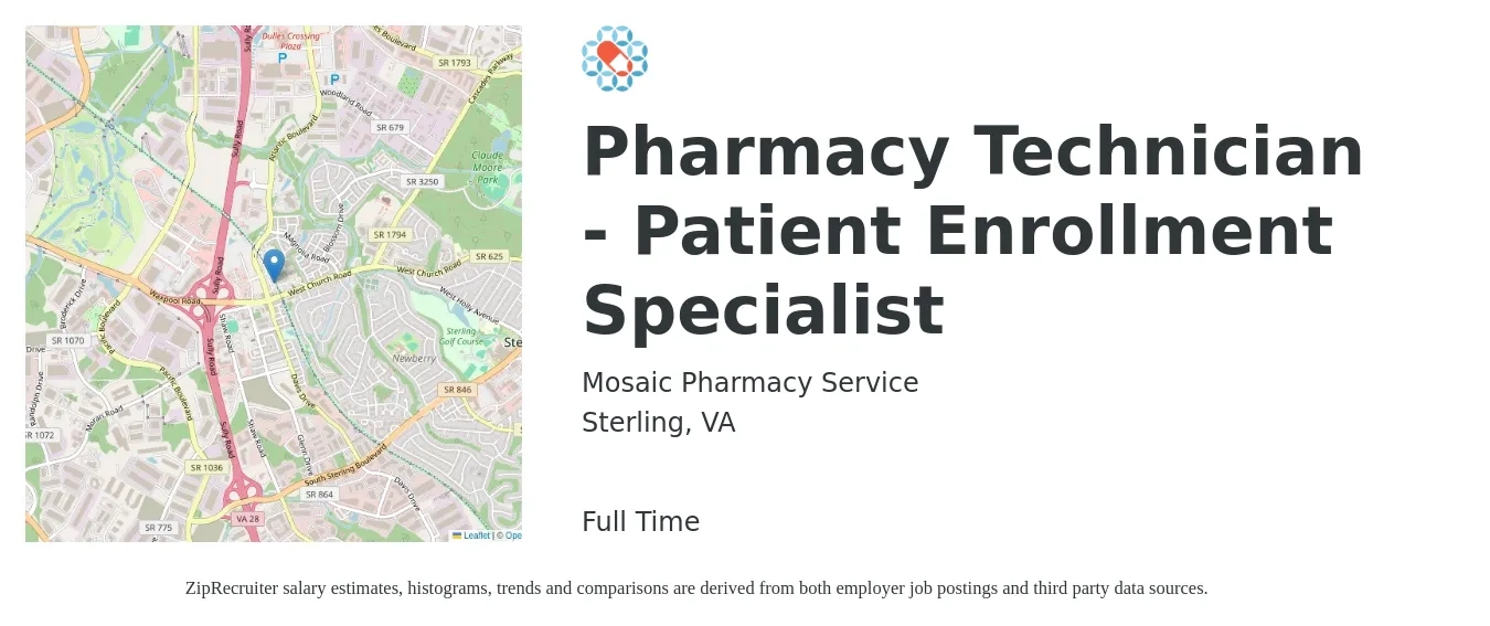 Mosaic Pharmacy Service job posting for a Pharmacy Technician - Patient Enrollment Specialist in Sterling, VA with a salary of $62,000 to $64,000 Yearly with a map of Sterling location.