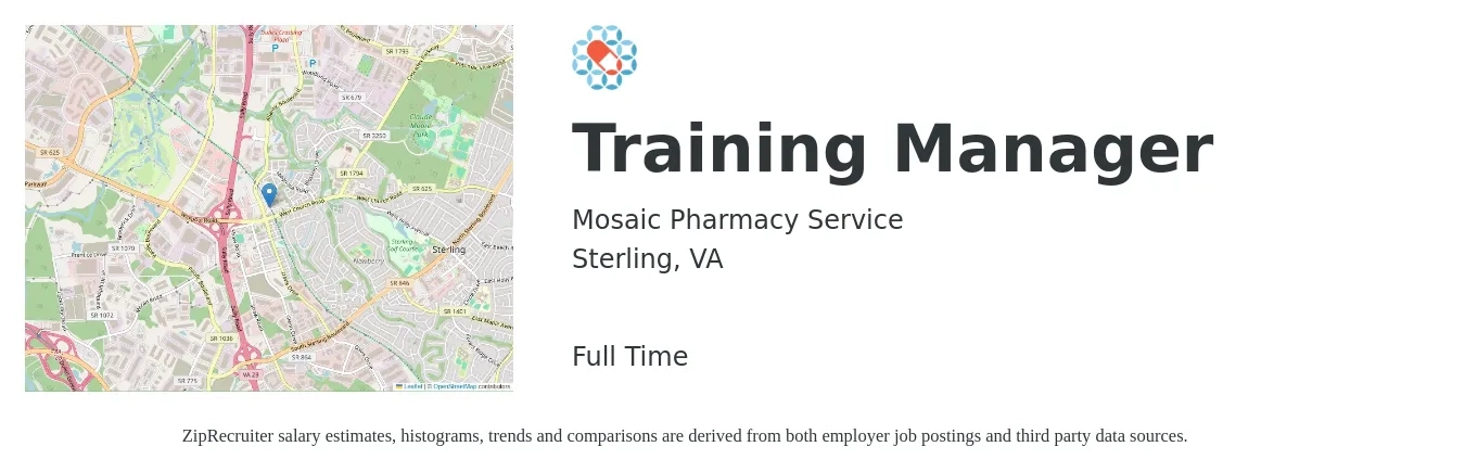 Mosaic Pharmacy Service job posting for a Training Manager in Sterling, VA with a salary of $35,800 to $58,100 Yearly with a map of Sterling location.
