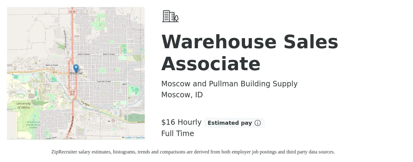 Moscow and Pullman Building Supply job posting for a Warehouse Sales Associate in Moscow, ID with a salary of $14 to $16 Hourly with a map of Moscow location.