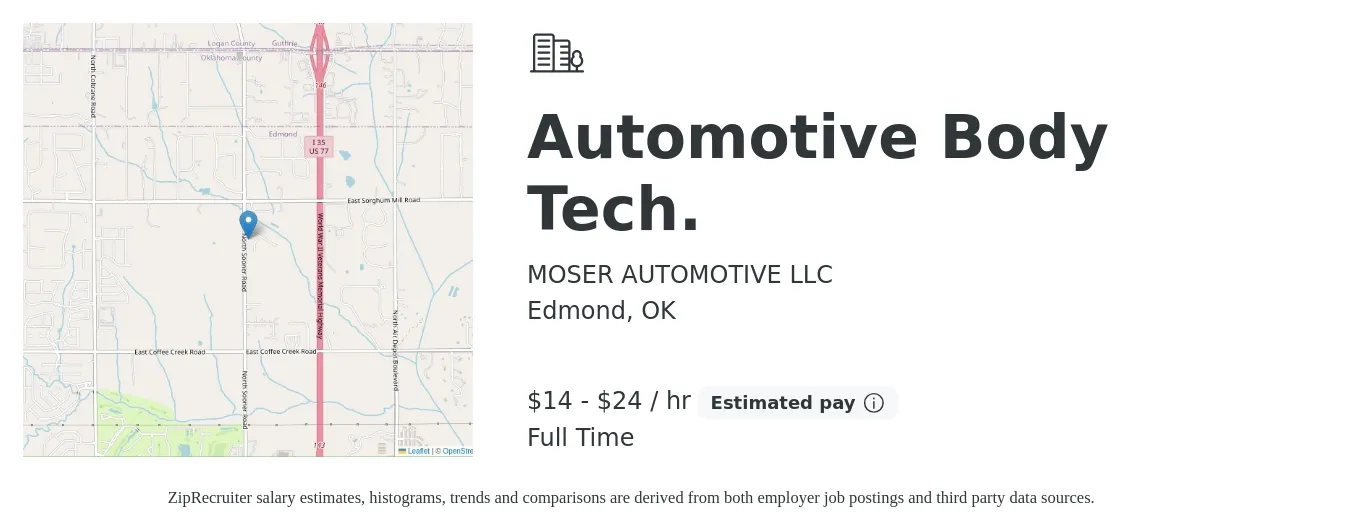 MOSER AUTOMOTIVE LLC job posting for a Automotive Body Tech. in Edmond, OK with a salary of $15 to $25 Hourly with a map of Edmond location.