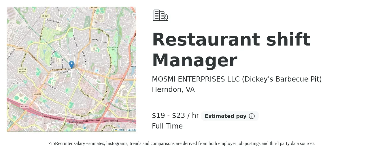 MOSMI ENTERPRISES LLC (Dickey's Barbecue Pit) job posting for a Restaurant shift Manager in Herndon, VA with a salary of $20 to $24 Hourly with a map of Herndon location.