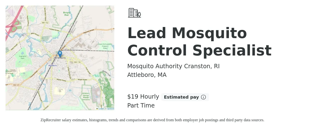Mosquito Authority Cranston, RI job posting for a Lead Mosquito Control Specialist in Attleboro, MA with a salary of $20 Hourly with a map of Attleboro location.