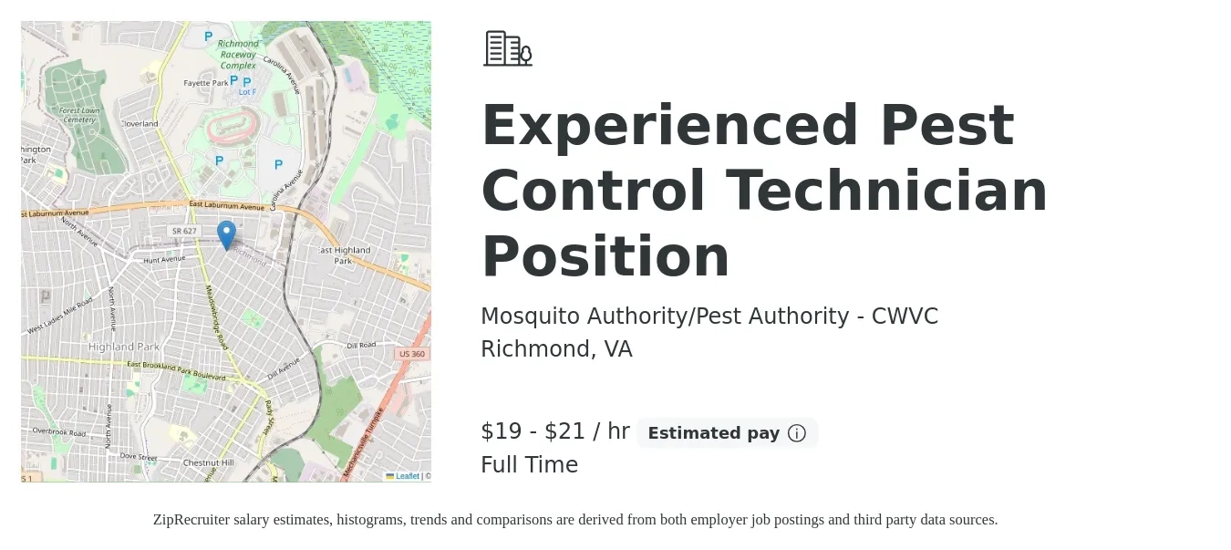 Mosquito Authority/Pest Authority - CWVC job posting for a Experienced Pest Control Technician Position in Richmond, VA with a salary of $20 to $22 Hourly with a map of Richmond location.
