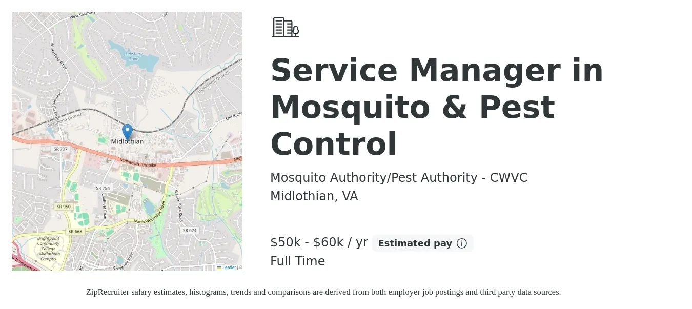 Mosquito Authority/Pest Authority - CWVC job posting for a Service Manager in Mosquito & Pest Control in Midlothian, VA with a salary of $50,000 to $60,000 Yearly with a map of Midlothian location.