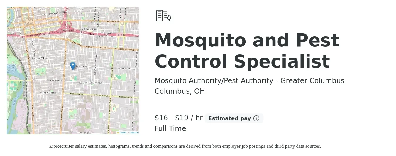 Mosquito Authority/Pest Authority - Greater Columbus job posting for a Mosquito and Pest Control Specialist in Columbus, OH with a salary of $17 to $20 Hourly with a map of Columbus location.