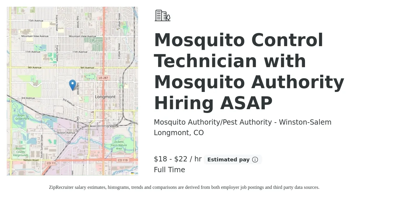 Mosquito Authority/Pest Authority - Winston-Salem job posting for a Mosquito Control Technician with Mosquito Authority Hiring ASAP in Longmont, CO with a salary of $19 to $23 Hourly with a map of Longmont location.