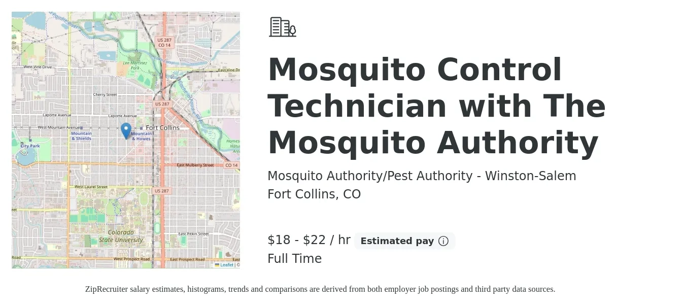 Mosquito Authority/Pest Authority - Winston-Salem job posting for a Mosquito Control Technician with The Mosquito Authority in Fort Collins, CO with a salary of $19 to $23 Hourly with a map of Fort Collins location.