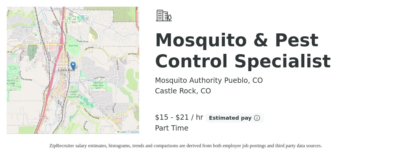 Mosquito Authority Pueblo, CO job posting for a Mosquito & Pest Control Specialist in Castle Rock, CO with a salary of $16 to $22 Hourly with a map of Castle Rock location.