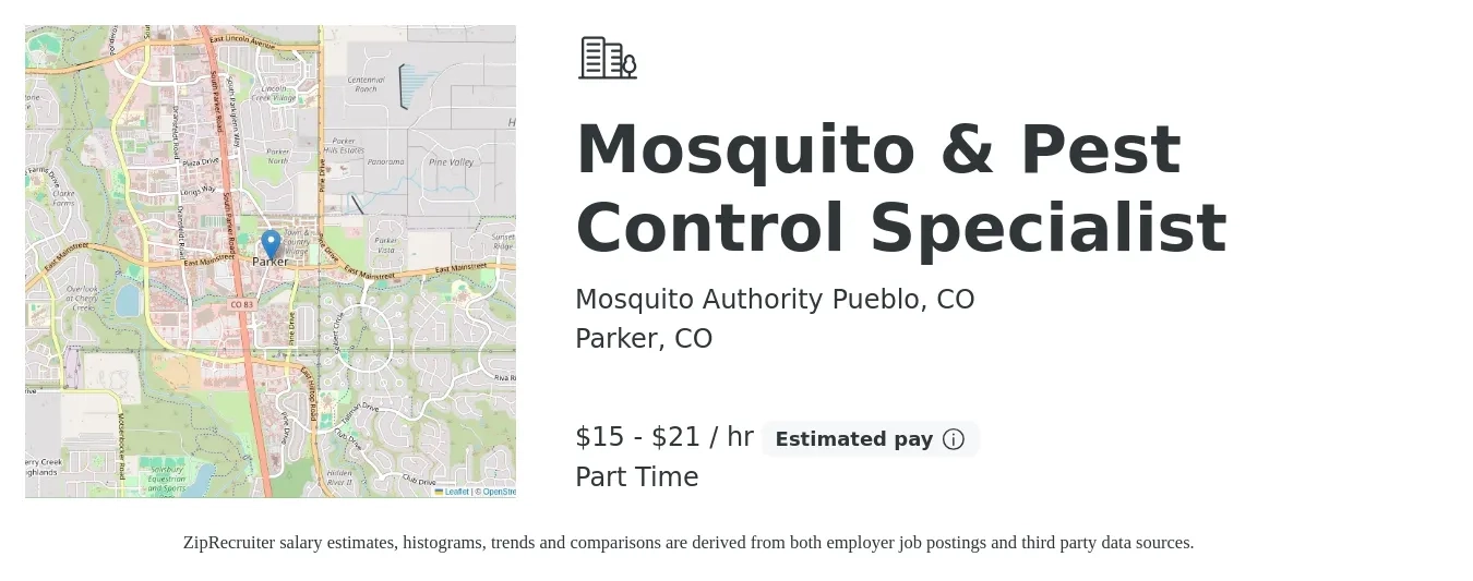 Mosquito Authority Pueblo, CO job posting for a Mosquito & Pest Control Specialist in Parker, CO with a salary of $16 to $22 Hourly with a map of Parker location.