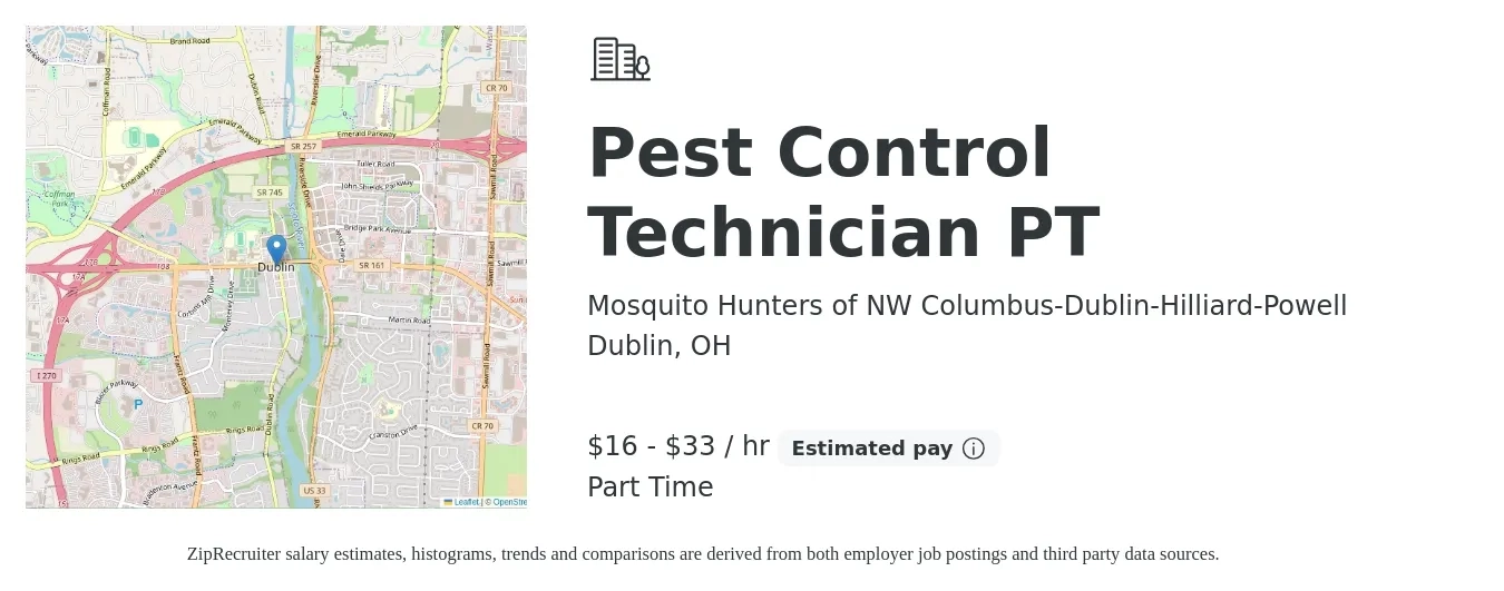 Mosquito Hunters of NW Columbus-Dublin-Hilliard-Powell job posting for a Pest Control Technician PT in Dublin, OH with a salary of $17 to $35 Hourly with a map of Dublin location.