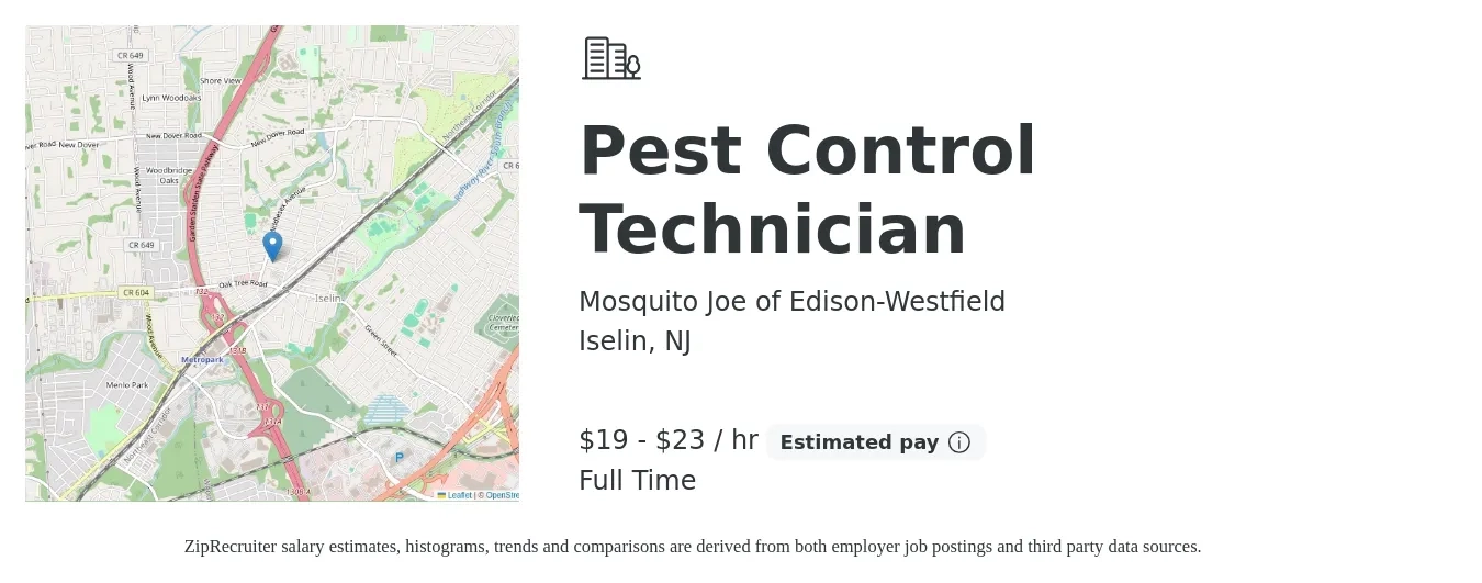 Mosquito Joe of Edison-Westfield job posting for a Pest Control Technician in Iselin, NJ with a salary of $20 to $24 Hourly (plus commission) with a map of Iselin location.