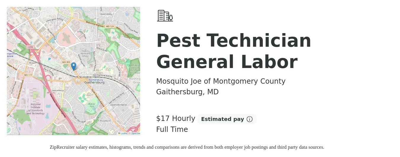 Mosquito Joe of Montgomery County job posting for a Pest Technician General Labor in Gaithersburg, MD with a salary of $18 Hourly with a map of Gaithersburg location.