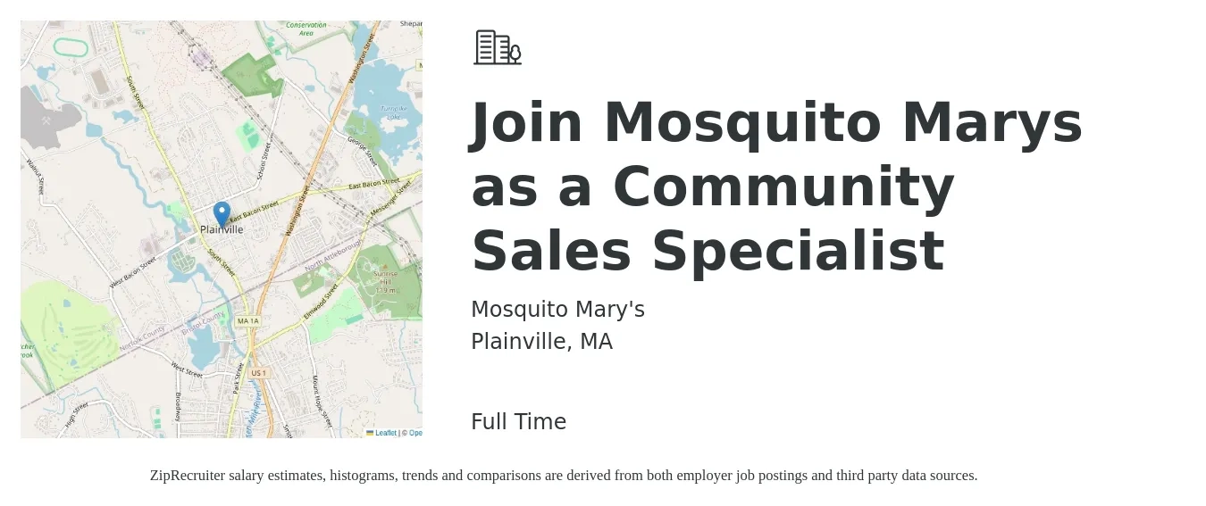 Mosquito Mary's job posting for a Join Mosquito Marys as a Community Sales Specialist in Plainville, MA with a salary of $45,100 to $74,900 Yearly with a map of Plainville location.