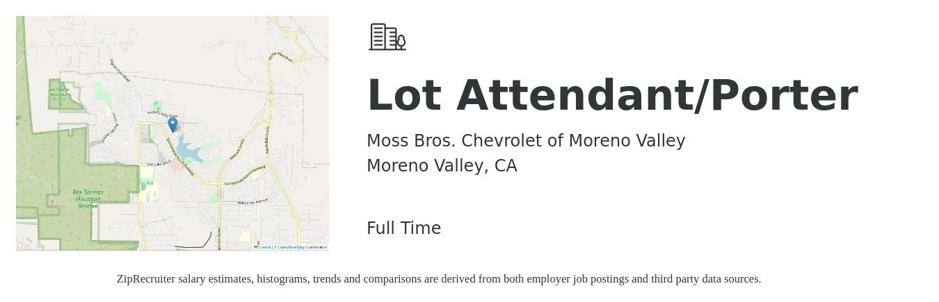 Moss Bros. Chevrolet of Moreno Valley job posting for a Lot Attendant/Porter in Moreno Valley, CA with a salary of $16 to $18 Hourly with a map of Moreno Valley location.