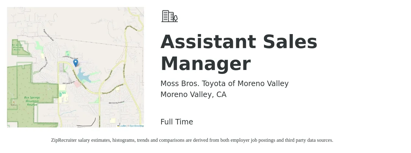 Moss Bros. Toyota of Moreno Valley job posting for a Assistant Sales Manager in Moreno Valley, CA with a salary of $18 to $28 Hourly with a map of Moreno Valley location.