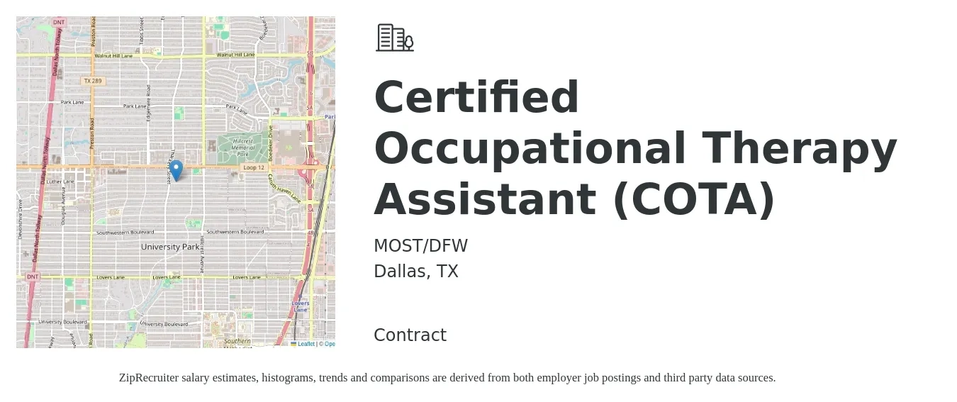 MOST/DFW job posting for a Certified Occupational Therapy Assistant (COTA) in Dallas, TX with a salary of $55 Hourly with a map of Dallas location.