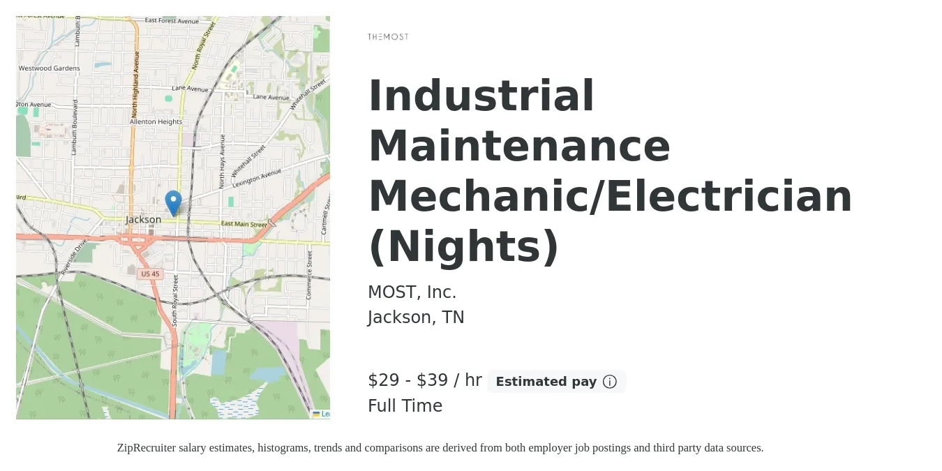 MOST, Inc. job posting for a Industrial Maintenance Mechanic/Electrician (Nights) in Jackson, TN with a salary of $31 to $41 Hourly with a map of Jackson location.