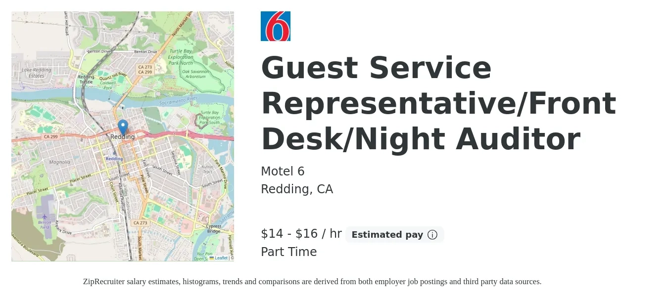 Motel 6 job posting for a Guest Service Representative/Front Desk/Night Auditor in Redding, CA with a salary of $16 to $17 Hourly with a map of Redding location.