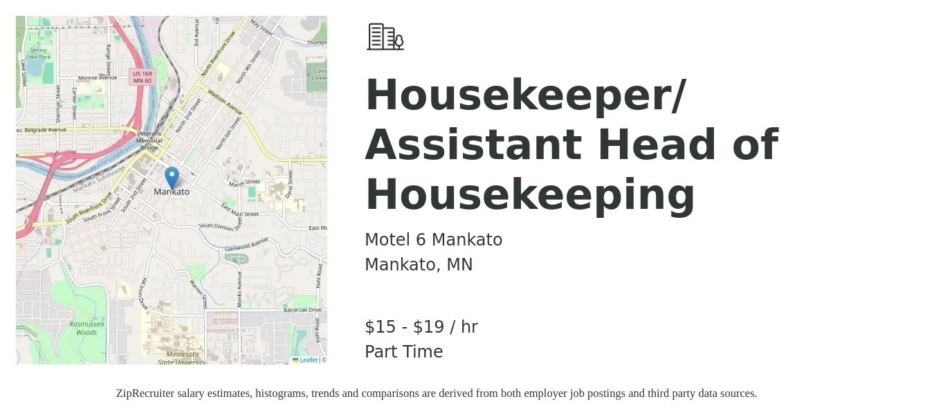 Motel 6 Mankato job posting for a Housekeeper/ Assistant Head of Housekeeping in Mankato, MN with a salary of $16 to $20 Hourly with a map of Mankato location.