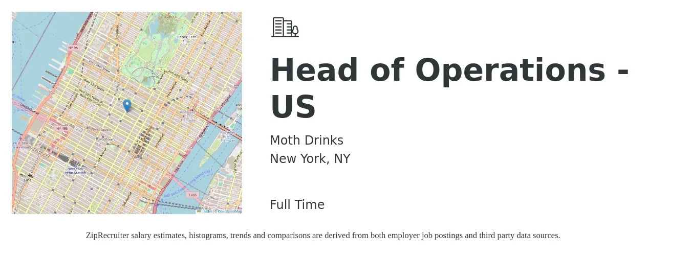 Moth Drinks job posting for a Head of Operations - US in New York, NY with a salary of $82,600 to $148,200 Yearly with a map of New York location.