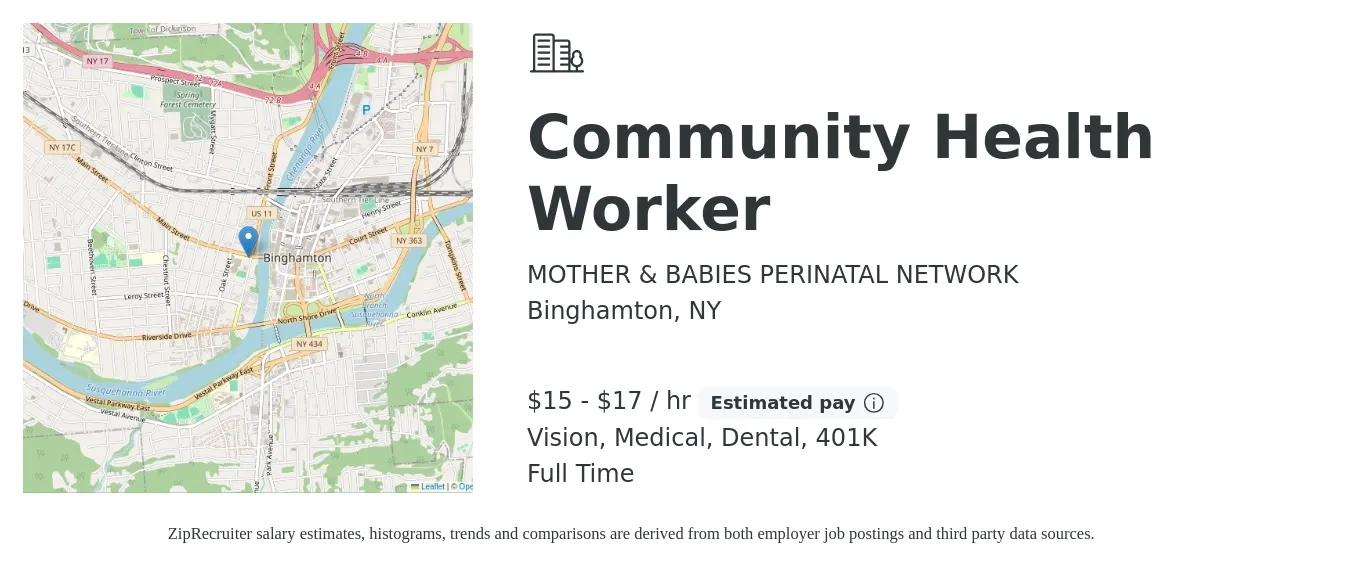 MOTHER & BABIES PERINATAL NETWORK job posting for a Community Health Worker in Binghamton, NY with a salary of $16 to $18 Hourly and benefits including 401k, dental, medical, and vision with a map of Binghamton location.