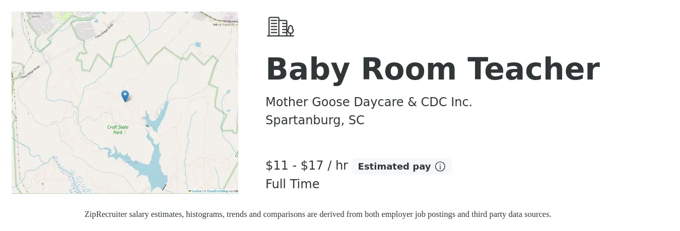 Mother Goose Daycare & CDC Inc. job posting for a Baby Room Teacher in Spartanburg, SC with a salary of $12 to $18 Hourly with a map of Spartanburg location.