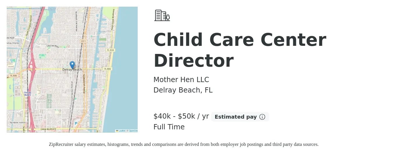 Mother Hen LLC job posting for a Child Care Center Director in Delray Beach, FL with a salary of $40,000 to $50,000 Yearly with a map of Delray Beach location.