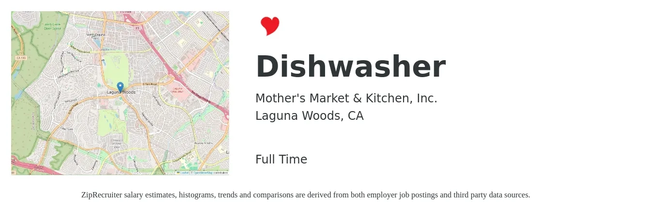 Mother's Market & Kitchen, Inc. job posting for a Dishwasher in Laguna Woods, CA with a salary of $16 to $20 Hourly with a map of Laguna Woods location.