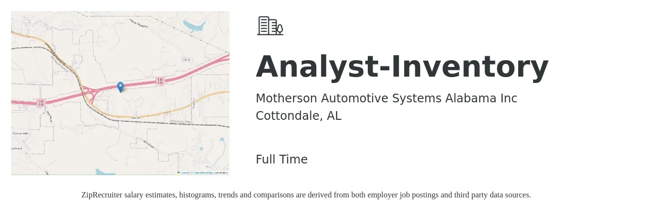 Motherson Automotive Systems Alabama Inc job posting for a Analyst-Inventory in Cottondale, AL with a salary of $20 to $30 Hourly with a map of Cottondale location.