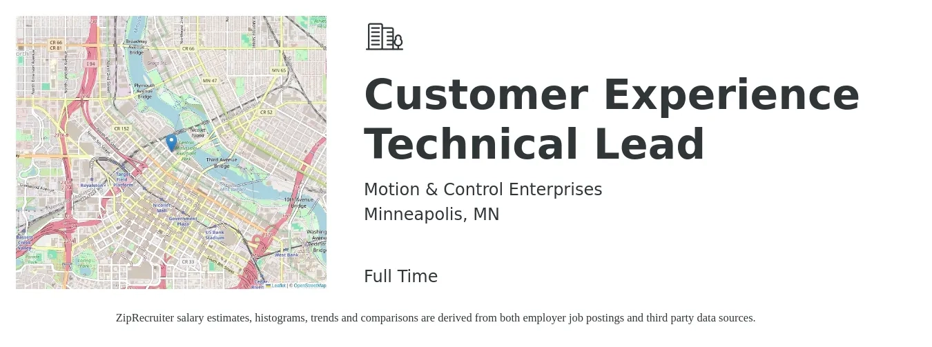 Motion & Control Enterprises job posting for a Customer Experience Technical Lead in Minneapolis, MN with a salary of $22 to $51 Hourly with a map of Minneapolis location.