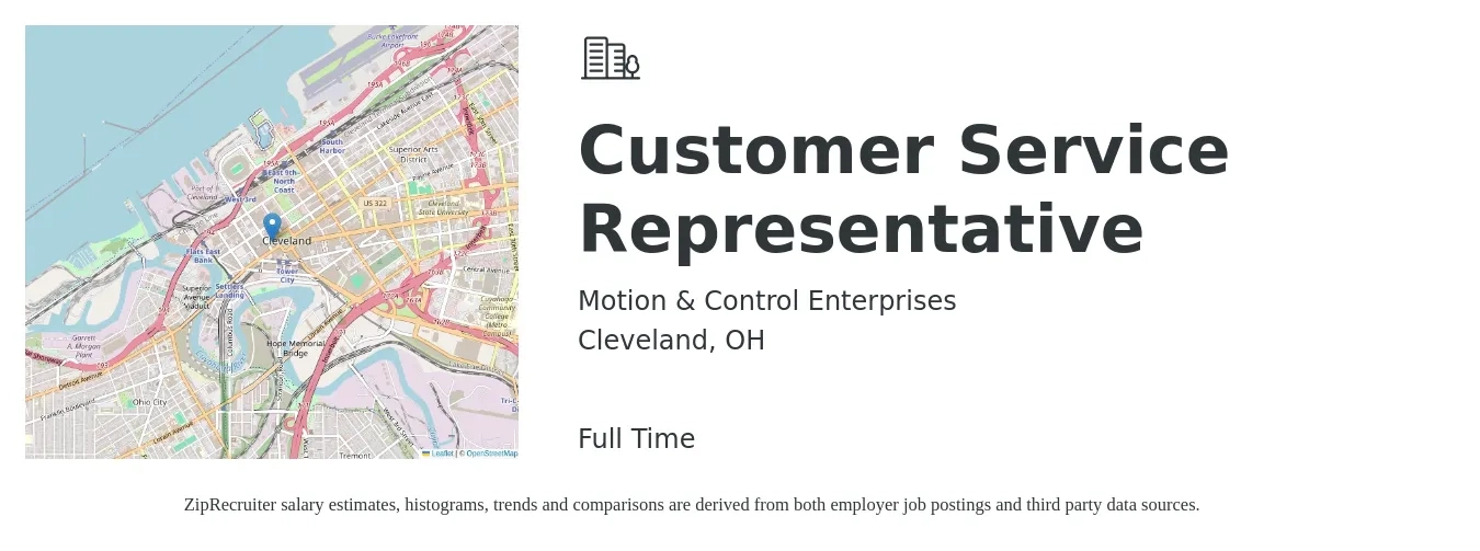 Motion & Control Enterprises job posting for a Customer Service Representative in Cleveland, OH with a salary of $16 to $21 Hourly with a map of Cleveland location.