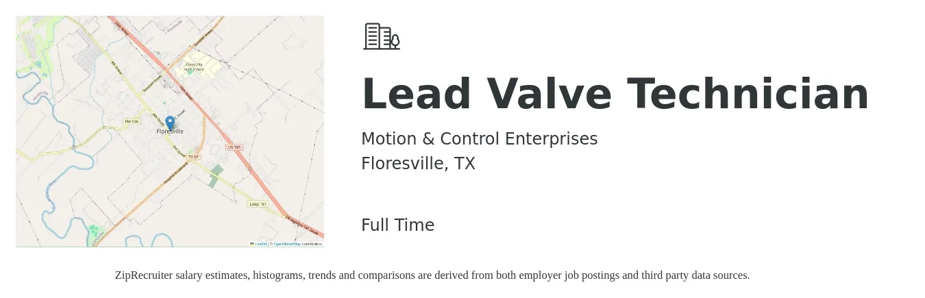 Motion & Control Enterprises job posting for a Lead Valve Technician in Floresville, TX with a salary of $19 to $27 Hourly with a map of Floresville location.