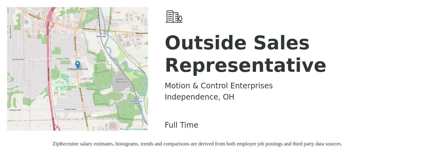 Motion & Control Enterprises job posting for a Outside Sales Representative in Independence, OH with a salary of $51,500 to $88,300 Yearly with a map of Independence location.