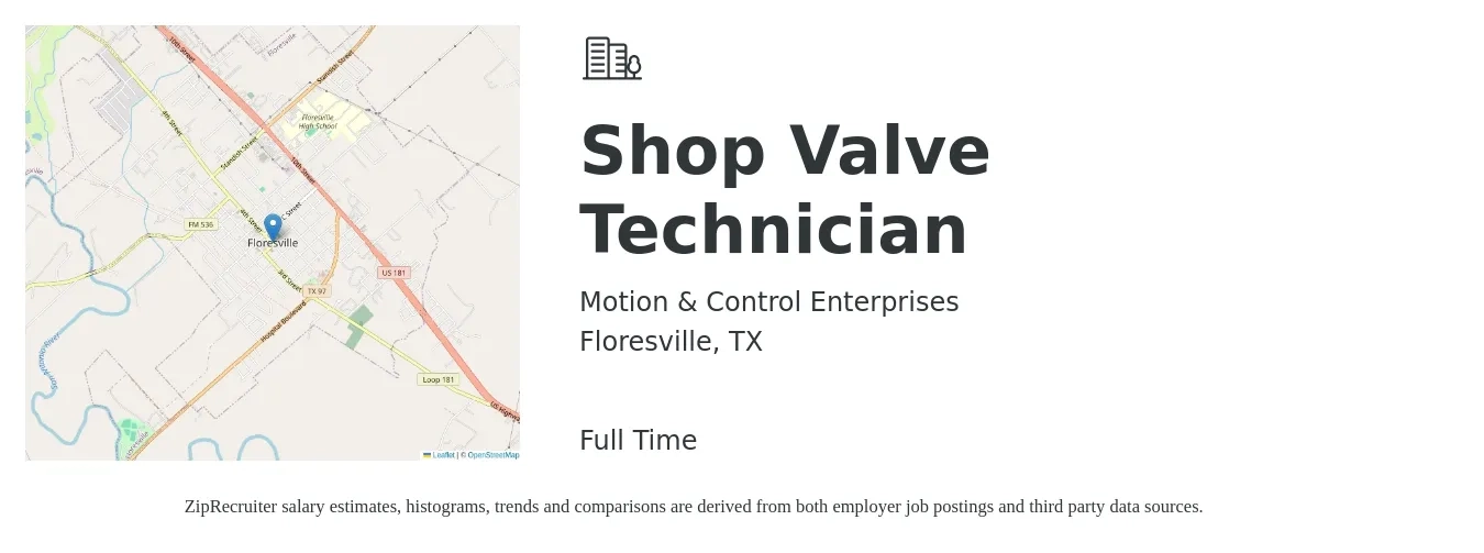 Motion & Control Enterprises job posting for a Shop Valve Technician in Floresville, TX with a salary of $16 to $23 Hourly with a map of Floresville location.