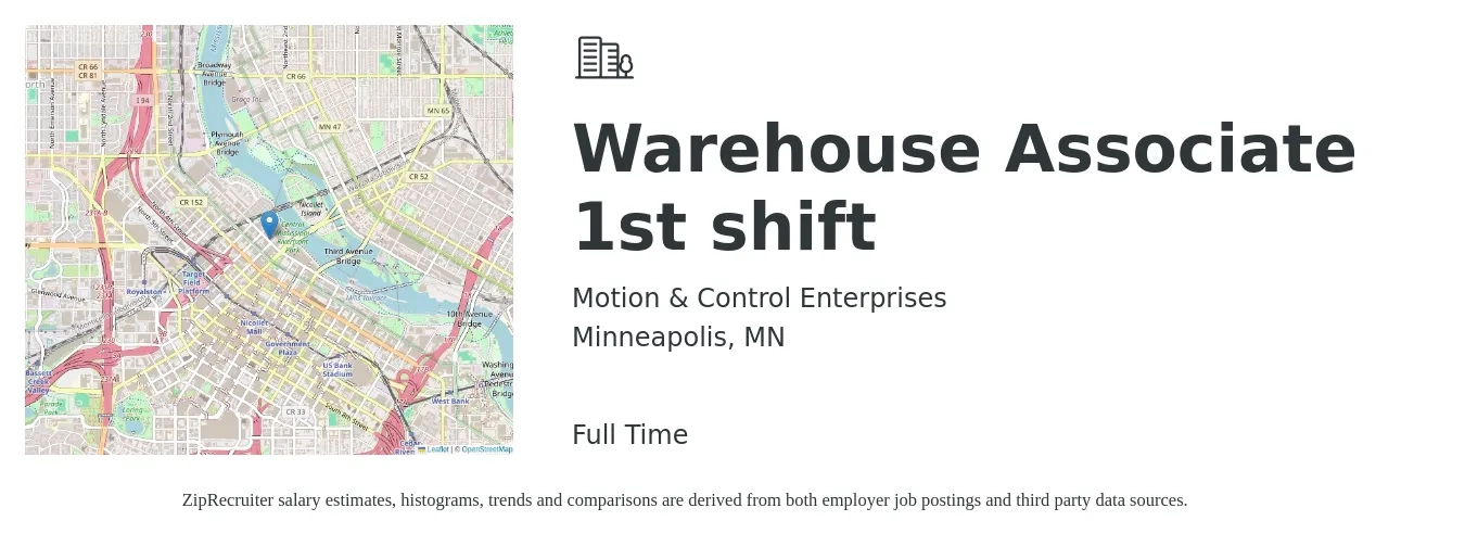 Motion & Control Enterprises job posting for a Warehouse Associate 1st shift in Minneapolis, MN with a salary of $17 to $20 Hourly with a map of Minneapolis location.