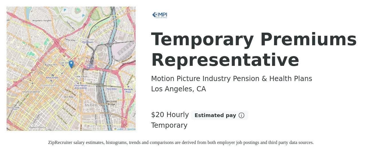 Motion Picture Industry Pension & Health Plans (MPI) job posting for a Temporary Premiums Representative in Los Angeles, CA with a map of Los Angeles location.