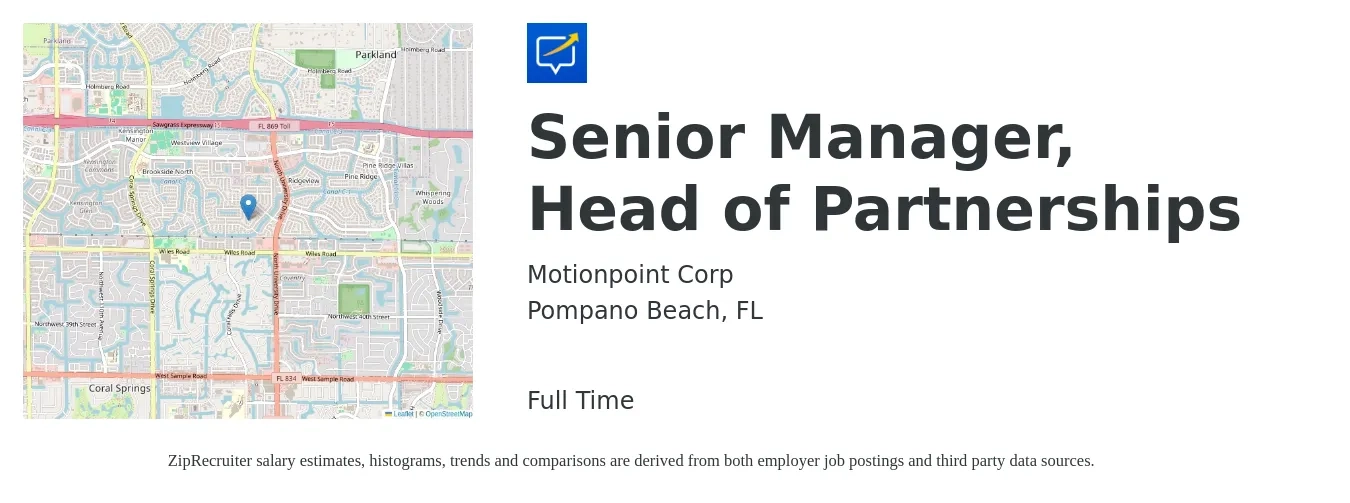 Motionpoint Corp job posting for a Senior Manager, Head of Partnerships in Pompano Beach, FL with a salary of $84,700 to $123,300 Yearly with a map of Pompano Beach location.